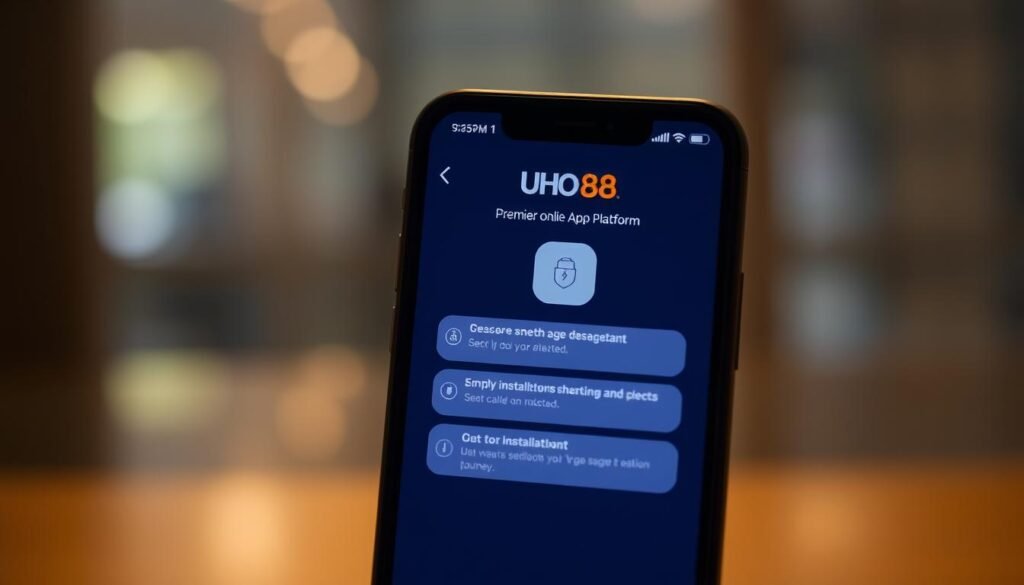 A serene, well-lit mobile device screen showcases the smooth, user-friendly mobile app download process for UHO88, a premier online gaming platform. The interface features clean, intuitive icons and a simple, step-by-step flow, guiding the user through the secure installation and registration journey. Warm, muted tones create a welcoming atmosphere, while the overall composition conveys a sense of trustworthiness and professionalism. The image aims to instill confidence in the user, highlighting the platform's commitment to data protection and a seamless onboarding experience.