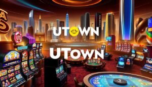 A vibrant, diverse gaming landscape with the UTown brand prominently displayed. In the foreground, a variety of popular game genres are represented, including slot machines, card games, and live dealer tables. The middle ground showcases dynamic animations and engaging user interfaces, highlighting the interactive and immersive nature of the UTown gaming experience. The background features a sleek, futuristic cityscape, with neon lights and high-rise buildings, suggesting a technologically advanced and visually captivating environment. The overall scene conveys a sense of excitement, entertainment, and the vast array of gaming options available within the UTown ecosystem. The lighting is warm and inviting, creating a welcoming atmosphere that entices players to explore the multifaceted world of UTown gaming.