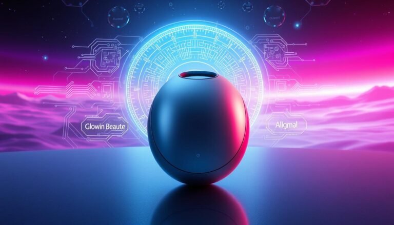 A detailed, futuristic illustration of the "Oligio X 原美電波" device, showcasing its innovative design and advanced features. In the foreground, the sleek, minimalist device is prominently displayed, its smooth, metallic surface reflecting the soft, directional lighting. In the middle ground, intricate circuit diagrams and technical schematics hover around the device, hinting at the complex inner workings and the fusion of single-pole radio frequency and GXG dual-mode technology. The background is a vast, ethereal landscape, with a vibrant, neon-hued cyberpunk aesthetic, evoking a sense of technological advancement and innovation. The overall mood is one of futuristic elegance and cutting-edge engineering, with the "Glowin Beaute" brand name subtly featured in the design.