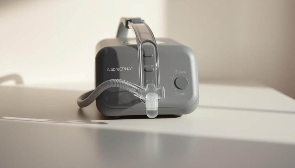 A detailed view of an iCareCPAP sleep apnea machine on a clean, minimalist surface. The device features a sleek, modern design with a matte grey casing and a clear, curved mask. Soft, diffused lighting from the side creates subtle shadows, highlighting the machine's clean lines and intuitive controls. The background is a neutral, off-white color, placing the focus entirely on the sleep apnea machine's form and function. The overall mood is one of simplicity, efficiency, and medical technology. A detailed view of an iCareCPAP sleep apnea machine on a clean, minimalist surface. The device features a sleek, modern design with a matte grey casing and a clear, curved mask. Soft, diffused lighting from the side creates subtle shadows, highlighting the machine's clean lines and intuitive controls. The background is a neutral, off-white color, placing the focus entirely on the sleep apnea machine's form and function. The overall mood is one of simplicity, efficiency, and medical technology.