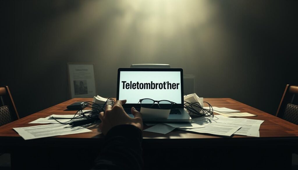 A dimly lit office setting, with a large wooden desk in the foreground. On the desk, a laptop displaying the "Telecombrother" logo, surrounded by a tangle of fine print documents and legal contracts. The background is hazy, with a sense of unease and hidden traps. Soft, warm lighting casts shadows, creating an atmosphere of cautious scrutiny. The scene conveys the idea of "轉台優惠陷阱" - the hidden clauses and traps within the seemingly tempting telecom plan offers. A dimly lit office setting, with a large wooden desk in the foreground. On the desk, a laptop displaying the "Telecombrother" logo, surrounded by a tangle of fine print documents and legal contracts. The background is hazy, with a sense of unease and hidden traps. Soft, warm lighting casts shadows, creating an atmosphere of cautious scrutiny. The scene conveys the idea of "轉台優惠陷阱" - the hidden clauses and traps within the seemingly tempting telecom plan offers.