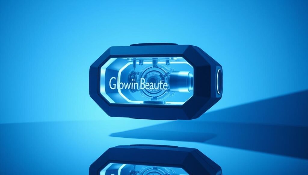 A futuristic, high-tech medical device with a sleek, minimalist design. It is hovering above a reflective surface, casting a sharp, angular shadow. The device's outer shell features the "Glowin Beaute" brand name in a bold, striking font. The interior components are visible through a transparent panel, showcasing the intricate, single-pole radio frequency mechanism that powers the device. The scene is bathed in a cool, blue-tinted lighting, creating a sense of clinical precision and advanced technology. The overall atmosphere is one of innovation, precision, and cutting-edge medical science.