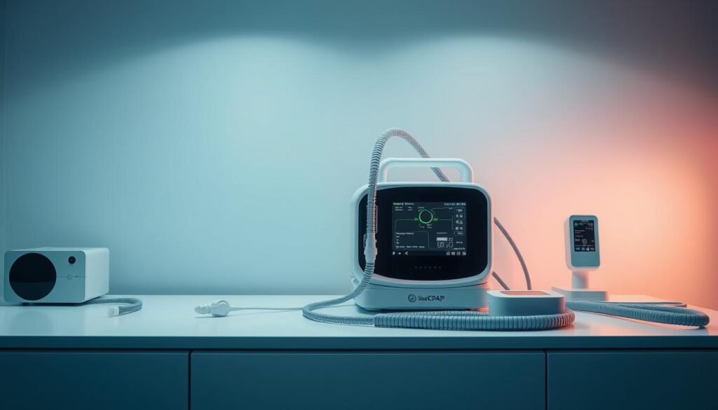 A high-tech medical device sits on a sleek, minimalist desk. The iCareCPAP sleep apnea machine and ventilator are showcased in a well-lit, modern setting. The devices feature cutting-edge designs with smooth lines and intuitive interfaces. Soft, diffused lighting from overhead illuminates the scene, creating a sense of clinical precision and technological advancement. The devices are accompanied by monitoring equipment, hoses, and accessories, all arranged in a visually appealing manner. The overall atmosphere conveys the latest innovations in sleep therapy and respiratory care. A high-tech medical device sits on a sleek, minimalist desk. The iCareCPAP sleep apnea machine and ventilator are showcased in a well-lit, modern setting. The devices feature cutting-edge designs with smooth lines and intuitive interfaces. Soft, diffused lighting from overhead illuminates the scene, creating a sense of clinical precision and technological advancement. The devices are accompanied by monitoring equipment, hoses, and accessories, all arranged in a visually appealing manner. The overall atmosphere conveys the latest innovations in sleep therapy and respiratory care.