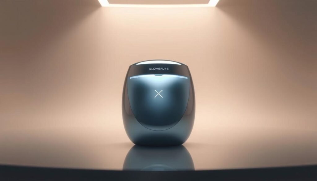 A luminous, high-resolution image of the Glowin Beaute "Oligio X 原美電波膠原蛋白再生" product. Centered in the frame, the product is displayed in a soft, diffused lighting, showcasing its sleek, metallic design and the organic, glowing quality of the "Oligio X 原美電波" technology. The background is a subtly blurred, minimalist setting, allowing the product to be the focal point. The image conveys a sense of scientific precision, innovation, and the rejuvenating power of the "Oligio X 原美電波" to stimulate collagen production.