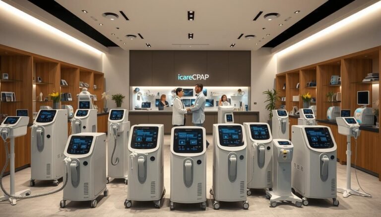 A modern and stylish medical device showroom, featuring an array of sleek and sophisticated iCareCPAP machines. The foreground showcases a range of the latest iCareCPAP models, each with a clean, minimalist design and intuitive digital displays. The middle ground depicts medical professionals consulting with patients, highlighting the brand's commitment to personalized care. The background features a serene, calming environment with neutral tones and soft lighting, creating a sense of comfort and wellbeing. The overall composition conveys the iCareCPAP brand's focus on innovation, quality, and patient-centric approach to respiratory care.