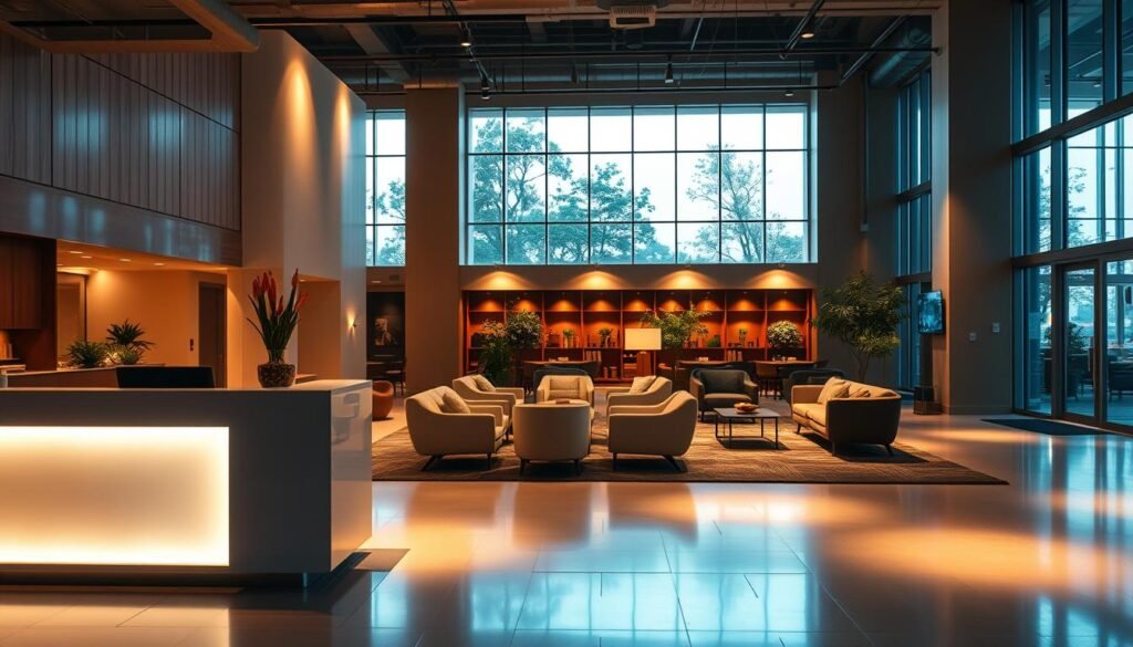 A modern commercial space bathed in warm, inviting lighting. In the foreground, a sleek, minimalist Aloha-branded reception desk with a backlit panel. The middle ground features stylish furniture arranged in cozy clusters, casted in a soft glow. The background showcases floor-to-ceiling windows allowing natural light to filter in, enhancing the overall ambiance. Carefully placed accent lights highlight architectural details and create a harmonious balance between form and function. The overall mood is one of sophistication, productivity, and a welcoming atmosphere for customers and clients. A modern commercial space bathed in warm, inviting lighting. In the foreground, a sleek, minimalist Aloha-branded reception desk with a backlit panel. The middle ground features stylish furniture arranged in cozy clusters, casted in a soft glow. The background showcases floor-to-ceiling windows allowing natural light to filter in, enhancing the overall ambiance. Carefully placed accent lights highlight architectural details and create a harmonious balance between form and function. The overall mood is one of sophistication, productivity, and a welcoming atmosphere for customers and clients.