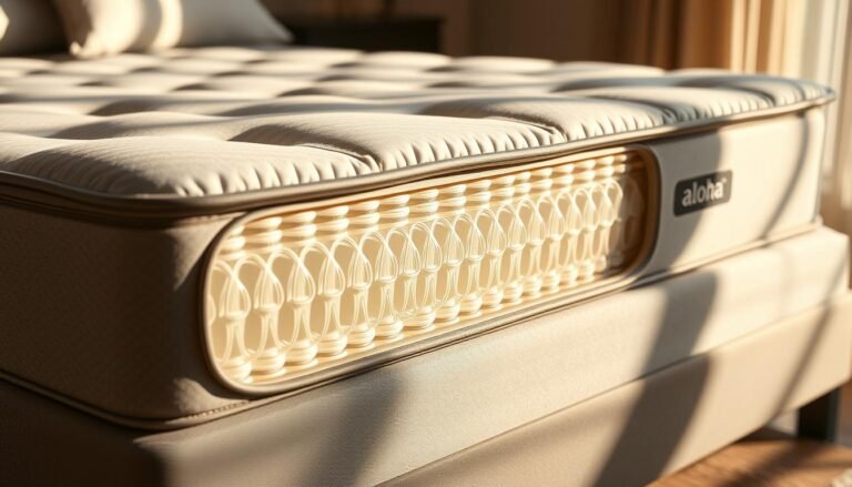 A sleek and modern Aloha brand spring mattress, showcasing a detailed cross-section view. The mattress features independently encased coils, providing targeted support and pressure relief. Soft, plush upholstery in a neutral tone covers the exterior, creating a luxurious and inviting appearance. Subtle shadows and highlights accentuate the mattress's contours, conveying a sense of depth and quality craftsmanship. The scene is lit by warm, natural lighting, evoking a cozy and serene ambiance. The image presents the spring mattress in a clean, minimalist setting, allowing the product's features to take center stage.