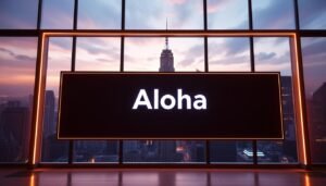 A sleek and modern LED display board with the brand name "Aloha" prominently featured in the center. The display is illuminated with a warm, vibrant glow, casting a soft and inviting ambiance. The frame is minimalist, accentuating the display's clean and refined design. The background features a cityscape with towering skyscrapers, hinting at the technological advancements transforming the world of subtitles and captions. Careful lighting and camera angle capture the display's crisp, high-resolution output, showcasing the cutting-edge technology that will define the future of subtitle technology.