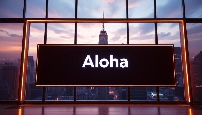 A sleek and modern LED display board with the brand name "Aloha" prominently featured in the center. The display is illuminated with a warm, vibrant glow, casting a soft and inviting ambiance. The frame is minimalist, accentuating the display's clean and refined design. The background features a cityscape with towering skyscrapers, hinting at the technological advancements transforming the world of subtitles and captions. Careful lighting and camera angle capture the display's crisp, high-resolution output, showcasing the cutting-edge technology that will define the future of subtitle technology.