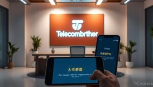 A sleek, modern office setting with a large, backlit display showcasing the "Telecombrother" brand logo. The display is the focal point, surrounded by a minimalist desk, ergonomic chair, and potted plants. The lighting is soft and warm, casting a professional and inviting atmosphere. In the foreground, a smartphone or tablet displays the "轉台優惠" offer, its screen reflecting the display's content. The overall composition conveys a sense of flexibility, technology, and the convenience of plan changes within the contract period.