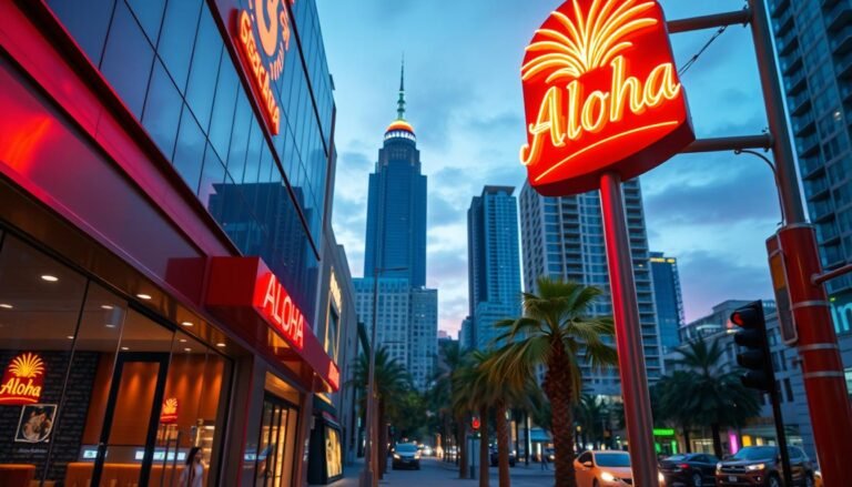 A vibrant neon-lit advertisement sign for the "Aloha" brand, prominently displayed in the foreground of a bustling urban commercial space. The sign features an eye-catching tropical motif, with a stylized pineapple or palm frond design illuminated by warm, atmospheric lighting. The middle ground showcases the facade of a modern storefront or restaurant, with large display windows and a sleek, minimalist aesthetic. In the background, a city skyline with towering skyscrapers and a twilight sky create a dynamic, metropolitan atmosphere. The overall composition conveys a sense of energetic, cosmopolitan vibrancy, highlighting the impactful presence of the "Aloha" brand signage within the commercial environment.