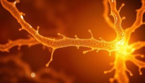 A visually striking close-up image of collagen fibers in the skin, with a glowing, translucent quality. The fibers appear vibrant and healthy, radiating an inner light. The middle ground features a serene, soft-focus background, while the foreground is sharp and detailed, captured with a wide-angle lens to emphasize the intricate structure. The lighting is natural and diffused, creating a sense of warmth and luminosity. Overall, the image conveys the rejuvenating power of Glowin' Beaute's collagen-boosting treatment, designed to improve the appearance of fine lines and wrinkles.
