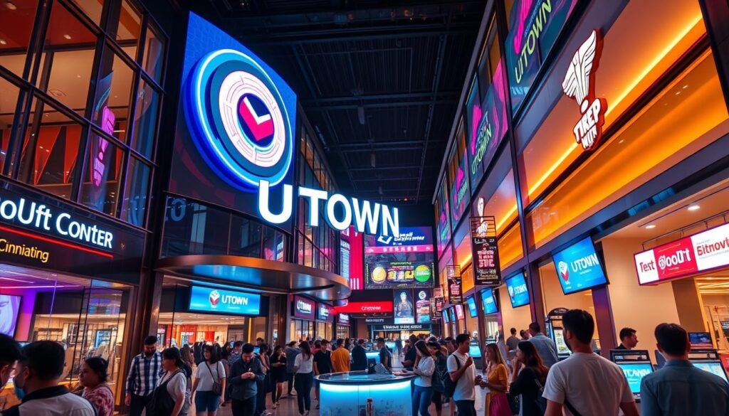 A bustling UTown entertainment center, its facade illuminated by neon lights and digital signage. Sleek glass and steel structures create a modern, high-tech atmosphere. Inside, a seamless cashier counter with smooth, efficient USDT transactions, the funds appearing instantly on customers' mobile devices. Vibrant crowds move through the space, their excitement palpable as they experience the rapid, hassle-free withdrawals. Warm, ambient lighting casts a welcoming glow, complementing the overall sense of convenience and sophistication. The scene conveys the efficiency and reliability of the UTown gaming venue's withdrawal process.