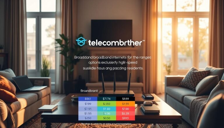 A cozy living room scene showcasing a range of broadband internet options available exclusively for public housing and subsidized housing residents. The room is bathed in warm, natural lighting from large windows, highlighting the Telecombrother logo prominently displayed on a sleek router on the coffee table. Various devices, such as laptops, tablets, and smartphones, are connected, representing the seamless connectivity and high-speed internet access enjoyed by these residents. The middle ground features colorful infographic elements comparing the broadband plans, speeds, and pricing, while the background subtly suggests the vibrant community and modern amenities of these residential areas.
