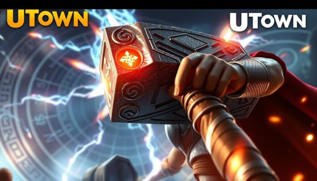 A detailed, dynamic image of the Norse thunder god Thor's legendary hammer Mjolnir in the foreground, surrounded by glowing runes and magical energy effects. The hammer is rendered with intricate textures and realistic lighting, casting dramatic shadows. In the middle ground, depict a player character wielding the hammer with a determined expression, showcasing their mastery of the game's "Thor's Hammer" feature. In the background, include the UTown logo and subtle game UI elements to establish the setting as a mobile casino game. A detailed, dynamic image of the Norse thunder god Thor's legendary hammer Mjolnir in the foreground, surrounded by glowing runes and magical energy effects. The hammer is rendered with intricate textures and realistic lighting, casting dramatic shadows. In the middle ground, depict a player character wielding the hammer with a determined expression, showcasing their mastery of the game's "Thor's Hammer" feature. In the background, include the UTown logo and subtle game UI elements to establish the setting as a mobile casino game.