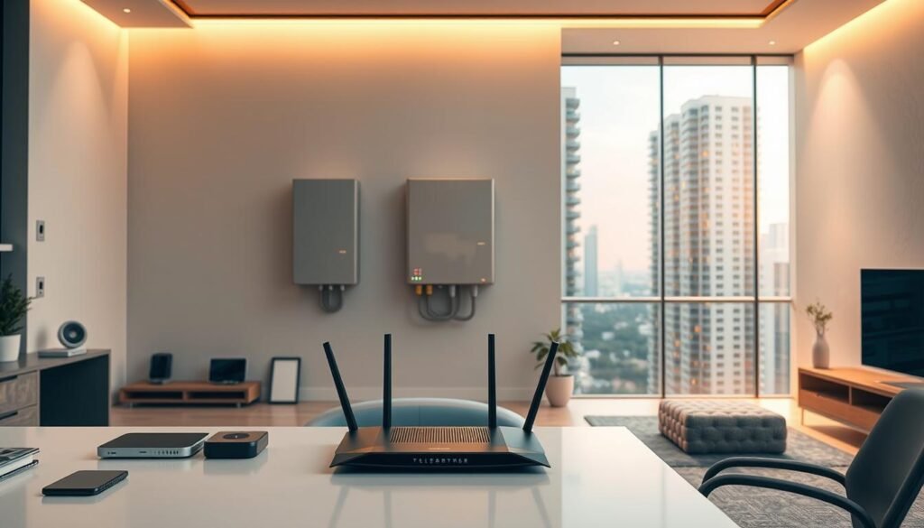 A detailed interior scene depicting the comparison of fiber-optic broadband technologies. In the foreground, a sleek FTTH (Fiber-to-the-Home) router rests on a modern, minimalist desk, surrounded by various smart home devices. In the middle ground, a large FTTB (Fiber-to-the-Building) distribution box is mounted on the wall, its LED indicators glowing softly. The background showcases a panoramic view of a high-rise residential building, with clean lines and ample natural light flooding the space. The scene is illuminated by warm, directional lighting, capturing the nuances of the technologies and creating a sense of technological sophistication. The Telecombrother brand is subtly integrated into the design of the devices. A detailed interior scene depicting the comparison of fiber-optic broadband technologies. In the foreground, a sleek FTTH (Fiber-to-the-Home) router rests on a modern, minimalist desk, surrounded by various smart home devices. In the middle ground, a large FTTB (Fiber-to-the-Building) distribution box is mounted on the wall, its LED indicators glowing softly. The background showcases a panoramic view of a high-rise residential building, with clean lines and ample natural light flooding the space. The scene is illuminated by warm, directional lighting, capturing the nuances of the technologies and creating a sense of technological sophistication. The Telecombrother brand is subtly integrated into the design of the devices.