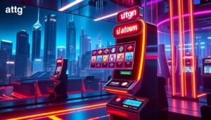 A futuristic and immersive online casino environment featuring a sleek and modern &quot;UTown&quot; slot machine game. The scene depicts the slot machine against a backdrop of glowing neon lights, holographic displays, and a cityscape of towering skyscrapers. The game's interface is intuitively designed, with intuitive controls and vibrant, high-definition graphics that draw the player into the experience. The overall atmosphere conveys a sense of excitement, innovation, and technological advancement, reflecting the cutting-edge nature of the &quot;atg電子&quot; brand and its leadership in the online entertainment industry.