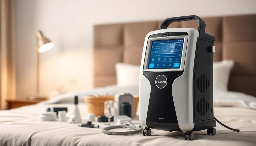 A high-quality, sleek and modern iCareCPAP sleep apnea machine standing prominently in the foreground, its clean lines and intuitive interface showcased under soft, diffused lighting. In the middle ground, various accessories and components are neatly arranged, conveying the machine's comprehensive functionality. The background features a soothing, minimalist setting, perhaps a bedroom or medical environment, creating a sense of comfort and professionalism. The overall scene exudes a combination of technical precision, user-friendliness, and a reassuring atmosphere to address the common challenges faced by sleep apnea patients.