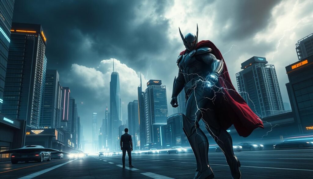 A high-tech, futuristic cityscape of UTown, the testing ground for the mighty Thor's lightning-powered armor. Gleaming skyscrapers and hovercraft line the streets, as a lone figure in the foreground deftly maneuvers the Thor suit, its energy crackling with power. Dramatic lighting from above casts dynamic shadows, while a stormy sky looms in the background, hinting at the challenges and excitement to come. The mood is one of anticipation and wonder, as players prepare to take on the ultimate test of skill and heroism.