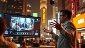 A live streaming scene showcasing the UTown t9 device's interactive features. In the foreground, a presenter gestures animatedly, engaging with an audience visible through a large video window. The middle ground depicts the t9 device, sleek and modern, surrounded by various digital interface elements. The background features a warm, urban cityscape with towering skyscrapers and neon-lit signage, creating a vibrant, immersive atmosphere. Soft, directional lighting illuminates the scene, highlighting the dynamic interaction between the presenter and the audience. The overall mood conveys a sense of real-time connection, energy, and technological innovation.