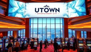 A majestic casino atrium bathed in warm lighting, featuring the UTown Entertainment City brand prominently displayed on a grand digital signage. In the foreground, a group of stylishly dressed patrons engage with high-quality casino games provided by industry-leading suppliers. The middle ground showcases sleek, modern gaming terminals and interactive displays, while the background reveals a breathtaking cityscape vista through floor-to-ceiling windows. Exuding an atmosphere of luxury, sophistication, and cutting-edge technology, this image conveys UTown's commitment to delivering an exceptional gaming experience through collaborations with top-tier game providers.