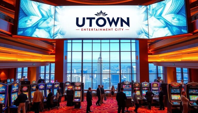 A majestic casino atrium bathed in warm lighting, featuring the UTown Entertainment City brand prominently displayed on a grand digital signage. In the foreground, a group of stylishly dressed patrons engage with high-quality casino games provided by industry-leading suppliers. The middle ground showcases sleek, modern gaming terminals and interactive displays, while the background reveals a breathtaking cityscape vista through floor-to-ceiling windows. Exuding an atmosphere of luxury, sophistication, and cutting-edge technology, this image conveys UTown's commitment to delivering an exceptional gaming experience through collaborations with top-tier game providers.