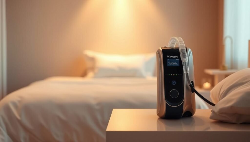 A modern and sleek iCareCPAP sleep apnea machine resting on a minimalist nightstand, bathed in warm, diffused lighting. The machine's elegant curves and clean lines convey a sense of advanced medical technology and personal wellness. In the middle ground, a comfortable bed with pristine white linens hints at the restorative power of a good night's sleep. The background features a soothing, neutral-toned wall, creating a calming, spa-like atmosphere. The overall scene exudes a sense of professionalism, innovation, and improved quality of life for the sleep apnea patient.