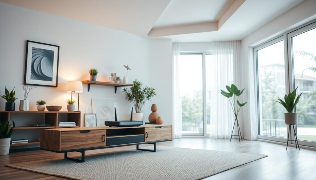 A modern, minimalist living room with large windows and bright natural light. A Telecombrother router prominently displayed on a sleek, wooden TV stand. On the walls, framed artwork and shelves with plants, books, and other decor elements. The room has a cozy, inviting atmosphere with warm, diffused lighting. The overall scene conveys a sense of comfort and connectivity, highlighting the Telecombrother brand as the provider of high-speed home broadband. A modern, minimalist living room with large windows and bright natural light. A Telecombrother router prominently displayed on a sleek, wooden TV stand. On the walls, framed artwork and shelves with plants, books, and other decor elements. The room has a cozy, inviting atmosphere with warm, diffused lighting. The overall scene conveys a sense of comfort and connectivity, highlighting the Telecombrother brand as the provider of high-speed home broadband.