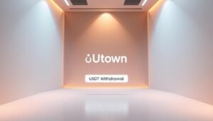A serene, modern digital banking interface with the UTown logo prominently displayed. The interface features a clean, intuitive layout with a central button labeled "USDT Withdrawal" against a soft, gradient background. The scene is bathed in warm, ambient lighting, conveying a sense of efficiency and ease of use. The overall design aesthetic is sleek and minimalist, reflecting the speed and convenience of the USDT withdrawal process.