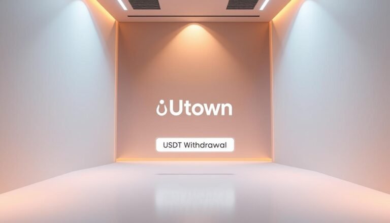 A serene, modern digital banking interface with the UTown logo prominently displayed. The interface features a clean, intuitive layout with a central button labeled "USDT Withdrawal" against a soft, gradient background. The scene is bathed in warm, ambient lighting, conveying a sense of efficiency and ease of use. The overall design aesthetic is sleek and minimalist, reflecting the speed and convenience of the USDT withdrawal process.