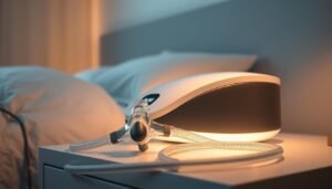 A sleek and modern iCareCPAP sleep apnea machine, its smooth curves and muted tones creating a calming, high-tech aesthetic. The device rests on a bedside table, illuminated by soft, indirect lighting that casts a warm, therapeutic glow. In the foreground, medical tubing and a comfortable nasal mask sit ready for use, while in the background, a serene, minimalist bedroom setting provides a tranquil backdrop. The overall scene conveys the clinical benefits and user-friendly design of the iCareCPAP system, designed to alleviate the symptoms of sleep apnea and promote restful, restorative sleep.