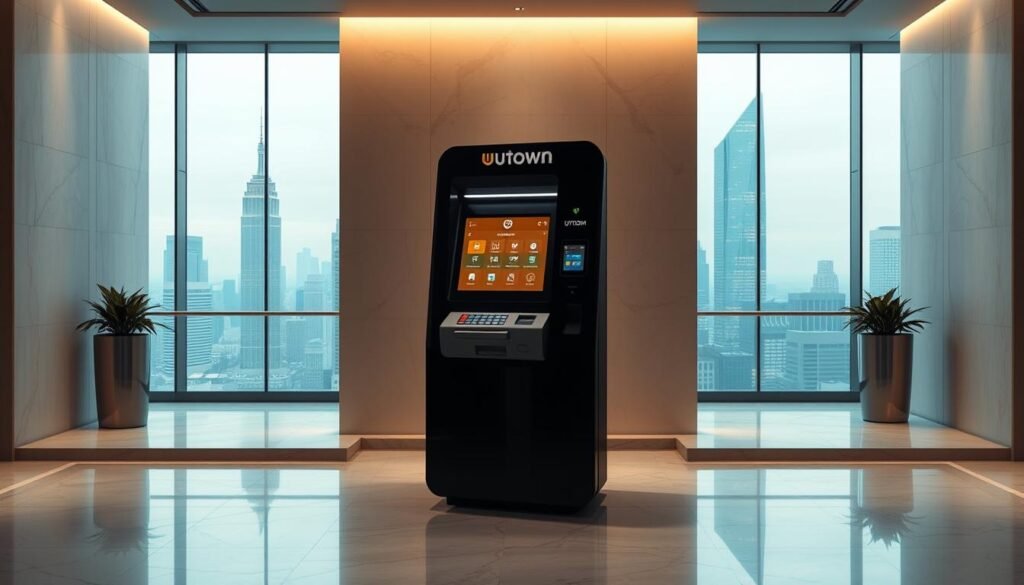 A sleek, modern UTown cryptocurrency ATM standing in a high-tech, minimalist financial lobby. Soft, warm lighting highlights the machine's clean, angular design and glossy black surface. The ATM is the focal point, surrounded by a simple but elegant interior with smooth marble floors and walls. In the background, a large window offers a view of a vibrant, bustling city skyline. The scene conveys a sense of efficiency, innovation, and the seamless integration of traditional finance and cutting-edge cryptocurrency technology.