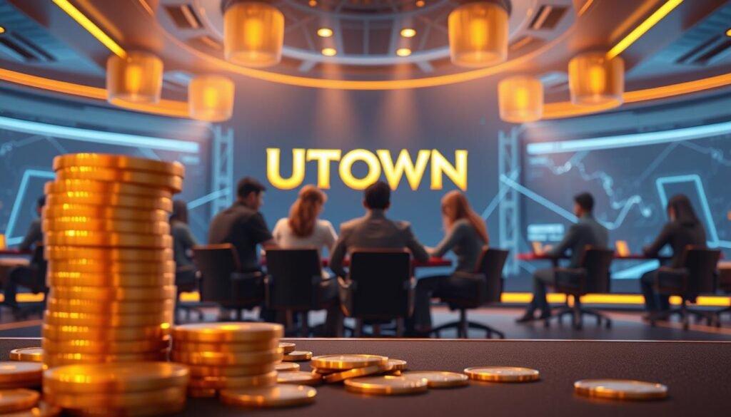 A striking 3D rendered scene depicting a futuristic online casino setting. The foreground features a stack of shimmering gold coins, symbolizing the "high return rate" aspect of the game. The middle ground showcases a group of players engaged in a virtual card game, their faces obscured to convey a sense of fairness and anonymity. In the background, the UTown brand logo is prominently displayed, surrounded by a sleek, minimalist interface that exudes a sense of technological innovation and trustworthiness. The lighting is warm and inviting, creating an atmosphere of excitement and anticipation. The overall composition emphasizes the key concepts of high payouts and fair gameplay.