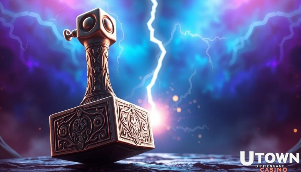 A stunning digital artwork depicting the iconic "Thor's Hammer" from the UTown online casino game. The hammer sits prominently in the foreground, its intricate metallic details and etched runes gleaming under the dramatic lighting. In the middle ground, swirling energy and lightning crackle around the hammer, hinting at the immense power it holds. The background is a mesmerizing blend of vibrant blues and purples, creating an ethereal, mystical atmosphere. The overall composition conveys a sense of anticipation and excitement, reflecting the thrilling free spin feature triggered by this legendary weapon. A stunning digital artwork depicting the iconic "Thor's Hammer" from the UTown online casino game. The hammer sits prominently in the foreground, its intricate metallic details and etched runes gleaming under the dramatic lighting. In the middle ground, swirling energy and lightning crackle around the hammer, hinting at the immense power it holds. The background is a mesmerizing blend of vibrant blues and purples, creating an ethereal, mystical atmosphere. The overall composition conveys a sense of anticipation and excitement, reflecting the thrilling free spin feature triggered by this legendary weapon.