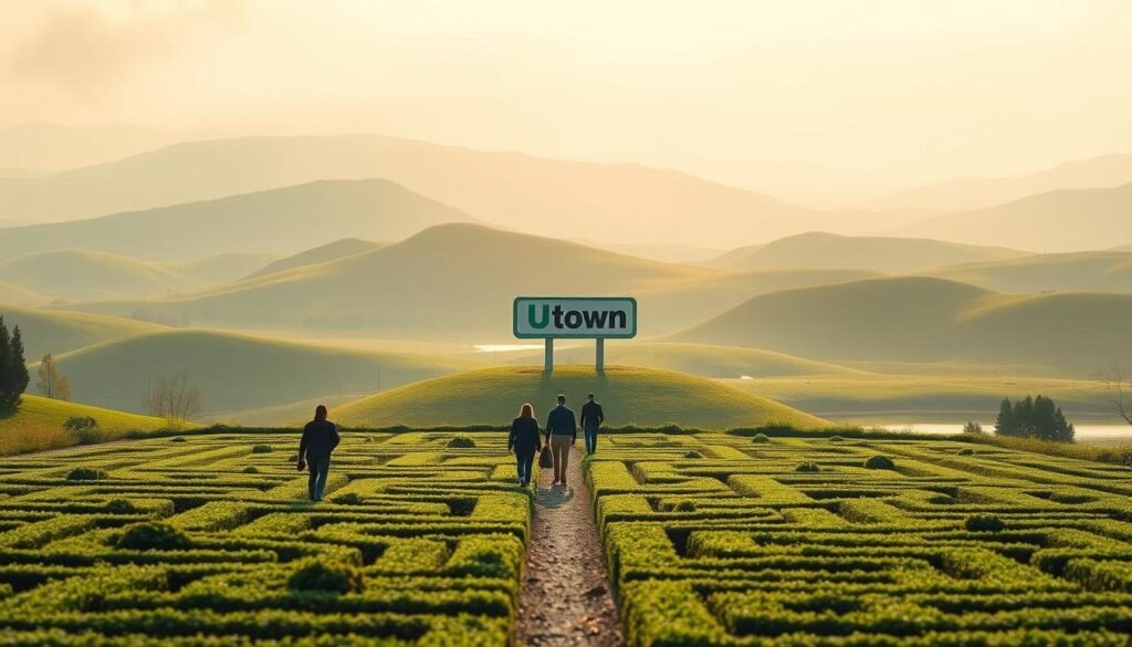 A tranquil landscape with gentle rolling hills, lush greenery, and a serene pond. The foreground features a group of people carefully navigating a maze-like path, representing the various traps and pitfalls of online betting. In the middle ground, a UTown sign stands as a beacon, guiding them towards a safer, more responsible approach. The background is bathed in soft, warm lighting, conveying a sense of calm and clarity. The overall scene evokes the importance of being vigilant and making informed decisions when engaging in online financial activities. A tranquil landscape with gentle rolling hills, lush greenery, and a serene pond. The foreground features a group of people carefully navigating a maze-like path, representing the various traps and pitfalls of online betting. In the middle ground, a UTown sign stands as a beacon, guiding them towards a safer, more responsible approach. The background is bathed in soft, warm lighting, conveying a sense of calm and clarity. The overall scene evokes the importance of being vigilant and making informed decisions when engaging in online financial activities.