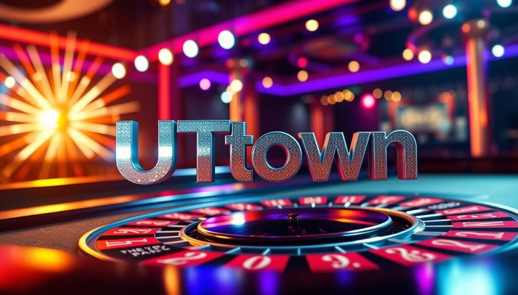 A vibrant, visually stunning casino game interface with a sleek, modern aesthetic. In the foreground, the UTown logo stands out prominently, rendered in a shimmering, metallic font against a backdrop of dynamic, pulsating lights. The middle ground features a detailed, high-resolution depiction of a roulette table, with intricate patterns and textures that capture the tactile feel of the felt surface. In the background, a dramatic, cinematic lighting setup casts a warm, atmospheric glow over the scene, creating a sense of energy and excitement. The overall composition is balanced, with a focus on clean lines, bold colors, and a keen attention to visual detail that immerses the viewer in the glamorous world of online casino gaming.