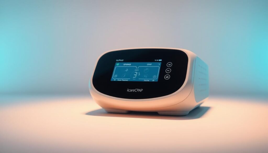 A well-lit, close-up shot of a modern, sleek iCareCPAP sleep apnea machine set against a clean, minimalist background. The machine has a smooth, curved design with intuitive controls and a clear display. The foreground focuses on the machine, showcasing its user-friendly features, while the background gently fades into a soft, soothing palette to convey a sense of calm and relaxation. Subtle ambient lighting accentuates the machine's high-quality construction and premium aesthetic, inviting the viewer to consider its functionality and integration into a comfortable sleep environment.