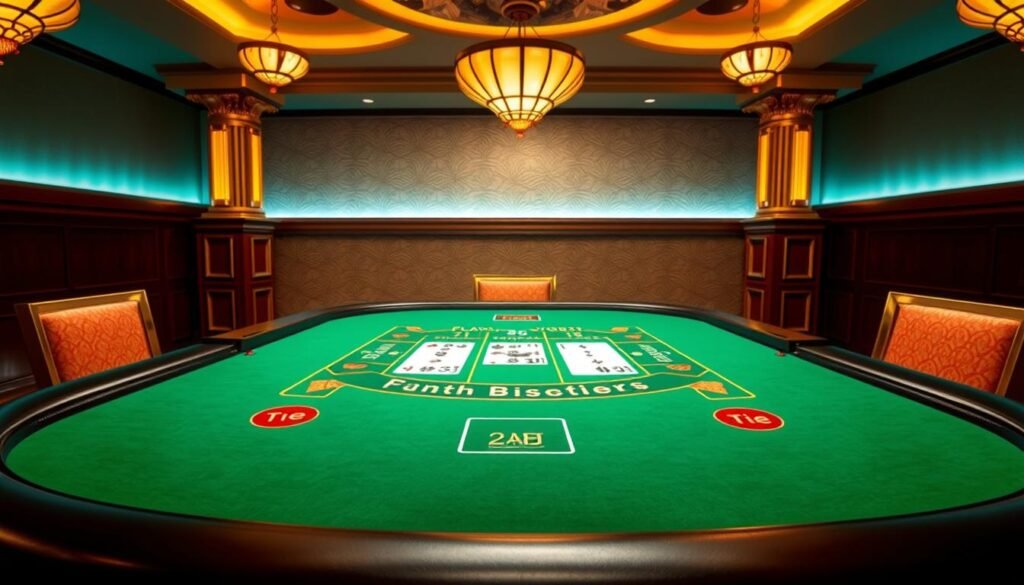 A lavish casino table with a green felt surface, illuminated by warm overhead lighting that casts a soft, inviting glow. On the table, the distinct layout of a Baccarat game is meticulously depicted, with clear markings for the Player, Banker, and Tie bets. The table is flanked by ornate, gilded columns, hinting at the luxurious setting. In the background, a subtle pattern of stylized fans or Chinese characters adds a touch of cultural ambiance, connecting the game to its Eastern origins. The scene exudes an air of sophistication and excitement, perfectly capturing the essence of the "百家樂規則" and setting the stage for an engaging exploration of this captivating casino classic. A lavish casino table with a green felt surface, illuminated by warm overhead lighting that casts a soft, inviting glow. On the table, the distinct layout of a Baccarat game is meticulously depicted, with clear markings for the Player, Banker, and Tie bets. The table is flanked by ornate, gilded columns, hinting at the luxurious setting. In the background, a subtle pattern of stylized fans or Chinese characters adds a touch of cultural ambiance, connecting the game to its Eastern origins. The scene exudes an air of sophistication and excitement, perfectly capturing the essence of the "百家樂規則" and setting the stage for an engaging exploration of this captivating casino classic.