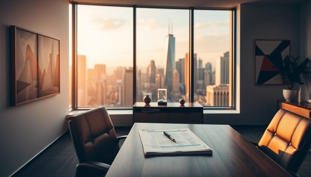 A sleek, modern office interior with a wooden desk and leather chair in the foreground. On the desk, a stack of documents and a pen signifying financial paperwork. In the middle ground, a large window overlooking a bustling city skyline, bathed in warm, golden hour lighting. The background features abstract wall art and minimalist decor, creating a professional yet inviting atmosphere. The overall scene conveys the concept of private lending - a sophisticated, urban setting where individuals can confidently manage their financial affairs. A sleek, modern office interior with a wooden desk and leather chair in the foreground. On the desk, a stack of documents and a pen signifying financial paperwork. In the middle ground, a large window overlooking a bustling city skyline, bathed in warm, golden hour lighting. The background features abstract wall art and minimalist decor, creating a professional yet inviting atmosphere. The overall scene conveys the concept of private lending - a sophisticated, urban setting where individuals can confidently manage their financial affairs.