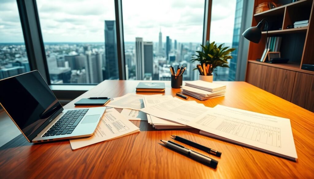 A sleek, modern office setting with a wooden desk, a laptop, and various stationery items. On the desk, several documents and forms are neatly organized, representing the loan application process. The lighting is warm and inviting, creating a professional yet approachable atmosphere. In the background, a large window offers a scenic cityscape, conveying a sense of urban prosperity. The overall composition suggests a streamlined, efficient, and accessible loan application experience for the self-employed individual. A sleek, modern office setting with a wooden desk, a laptop, and various stationery items. On the desk, several documents and forms are neatly organized, representing the loan application process. The lighting is warm and inviting, creating a professional yet approachable atmosphere. In the background, a large window offers a scenic cityscape, conveying a sense of urban prosperity. The overall composition suggests a streamlined, efficient, and accessible loan application experience for the self-employed individual.