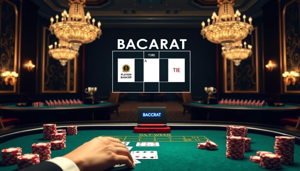 A visually striking illustration of the fundamental rules of baccarat, set against a sophisticated casino backdrop. In the foreground, a dealer's hands expertly dealing cards on a green baize table, flanked by stacks of casino chips. In the middle ground, the iconic baccarat scoreboard and a stylized depiction of the game's core concepts - player, banker, and tie. The background features the dimly lit, elegant ambiance of a high-end gaming hall, with chandeliers casting a warm glow and subtle patterns on the walls. The overall mood is one of refined sophistication, capturing the essence of this classic table game. A visually striking illustration of the fundamental rules of baccarat, set against a sophisticated casino backdrop. In the foreground, a dealer's hands expertly dealing cards on a green baize table, flanked by stacks of casino chips. In the middle ground, the iconic baccarat scoreboard and a stylized depiction of the game's core concepts - player, banker, and tie. The background features the dimly lit, elegant ambiance of a high-end gaming hall, with chandeliers casting a warm glow and subtle patterns on the walls. The overall mood is one of refined sophistication, capturing the essence of this classic table game.