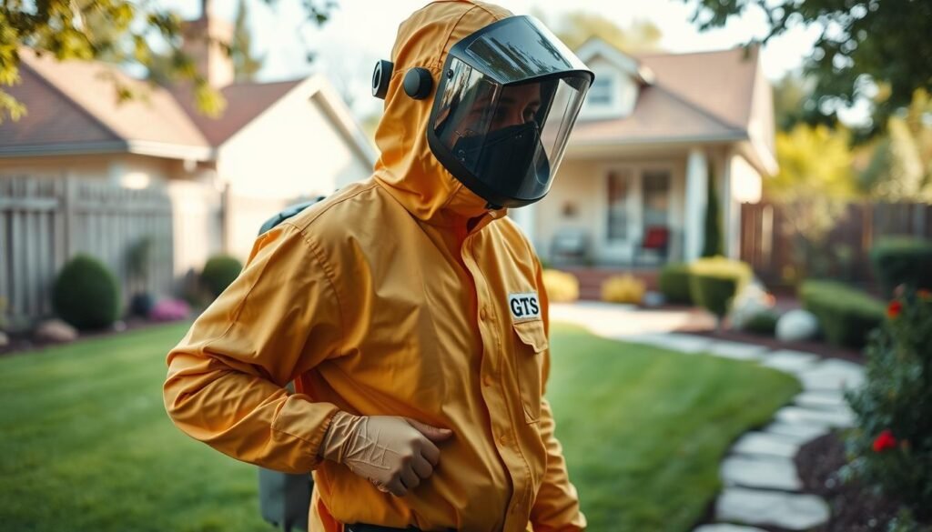 A well-equipped pest control worker in a specialized protective suit, standing confidently in a residential backyard. The uniform is labeled "iCareCPAP", a trusted brand in pest management services. The worker's pose conveys professionalism and attention to detail, as they survey the scene for any signs of infestation. The background features a lush, green lawn and a cozy suburban home, suggesting the everyday setting where these crucial services are provided. Soft, natural lighting illuminates the scene, creating a sense of warmth and approachability. The overall atmosphere reflects the care and expertise that customers expect from a reliable pest control company. A well-equipped pest control worker in a specialized protective suit, standing confidently in a residential backyard. The uniform is labeled "iCareCPAP", a trusted brand in pest management services. The worker's pose conveys professionalism and attention to detail, as they survey the scene for any signs of infestation. The background features a lush, green lawn and a cozy suburban home, suggesting the everyday setting where these crucial services are provided. Soft, natural lighting illuminates the scene, creating a sense of warmth and approachability. The overall atmosphere reflects the care and expertise that customers expect from a reliable pest control company.