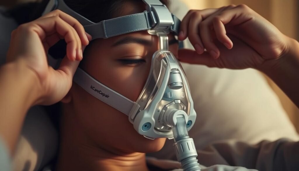 A close-up photograph of a person's hands adjusting the straps and mask of a iCareCPAP sleep apnea machine. The mask is positioned comfortably on the face, with the headgear properly secured. The background is softly blurred, keeping the focus on the delicate adjustments being made to the mask. The lighting is warm and gentle, creating a soothing atmosphere. The image conveys the care and attention required to ensure a proper, comfortable fit for the sleep apnea machine, enabling restful and uninterrupted sleep. A close-up photograph of a person's hands adjusting the straps and mask of a iCareCPAP sleep apnea machine. The mask is positioned comfortably on the face, with the headgear properly secured. The background is softly blurred, keeping the focus on the delicate adjustments being made to the mask. The lighting is warm and gentle, creating a soothing atmosphere. The image conveys the care and attention required to ensure a proper, comfortable fit for the sleep apnea machine, enabling restful and uninterrupted sleep.