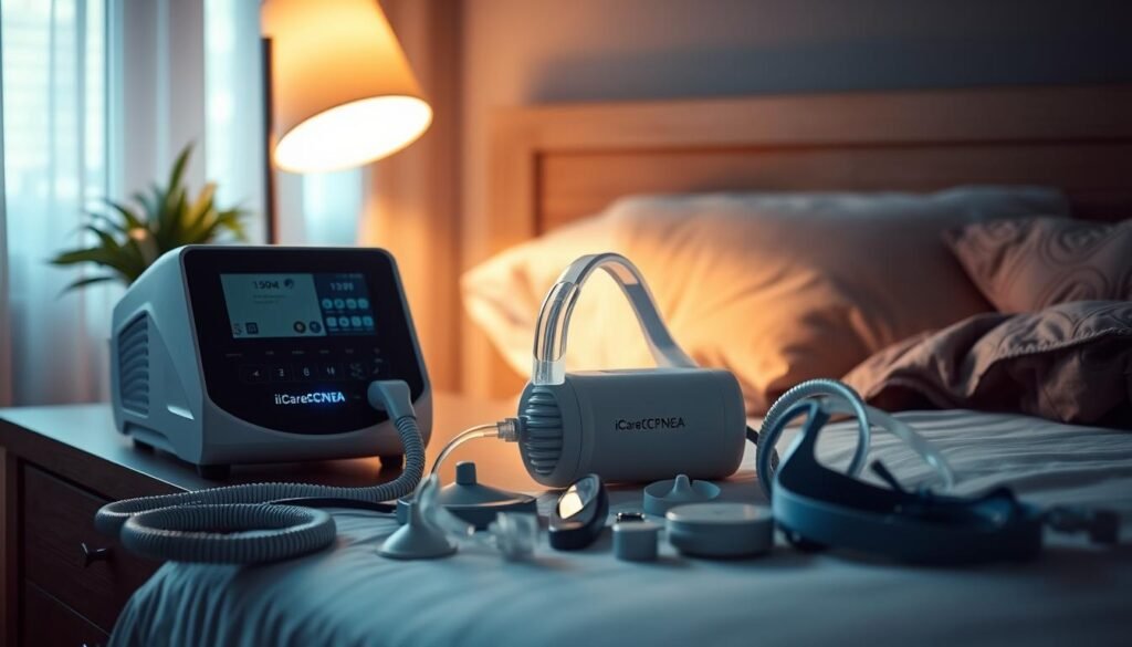 A cozy and well-lit bedroom setting featuring an iCareCPAP sleep apnea machine and its accessories. The machine is positioned prominently on a nightstand, with various attachments and components neatly arranged around it, including a face mask, hose, and headgear. The overall scene conveys a sense of comfort and ease, with soft lighting and a calming atmosphere, highlighting the thoughtful selection and arrangement of the sleep apnea machine and its accessories. The image should emphasize the importance of choosing the right equipment and accessories to ensure a comfortable and effective sleep apnea treatment experience. A cozy and well-lit bedroom setting featuring an iCareCPAP sleep apnea machine and its accessories. The machine is positioned prominently on a nightstand, with various attachments and components neatly arranged around it, including a face mask, hose, and headgear. The overall scene conveys a sense of comfort and ease, with soft lighting and a calming atmosphere, highlighting the thoughtful selection and arrangement of the sleep apnea machine and its accessories. The image should emphasize the importance of choosing the right equipment and accessories to ensure a comfortable and effective sleep apnea treatment experience.