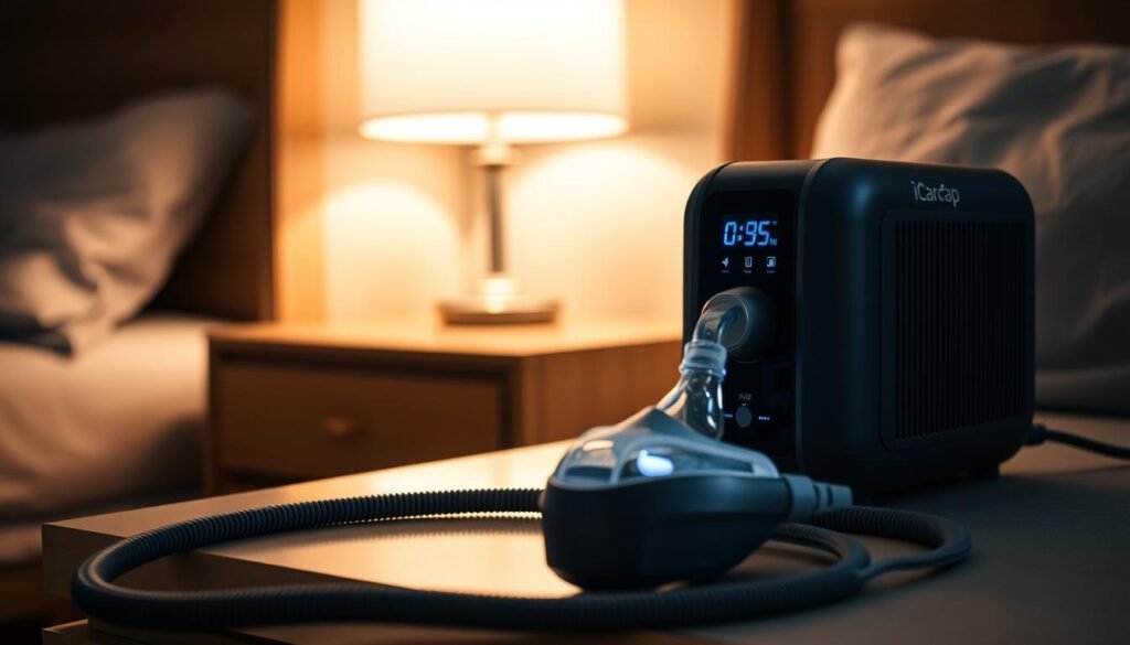 A sleek, state-of-the-art iCareCPAP sleep apnea machine sits prominently on a bedside table, its minimalist design and soft blue LED lights creating a calming, therapeutic atmosphere. The machine's smooth, matte black casing reflects the gentle lighting, while the adjustable air pressure knob and intuitive digital display convey its advanced functionality. In the foreground, the device's flexible air hose and comfortable nasal mask are neatly arranged, ready for a restful night's sleep. The background features a cozy, dimly lit bedroom, with warm wooden tones and subtle shadows adding to the overall sense of tranquility and well-being.