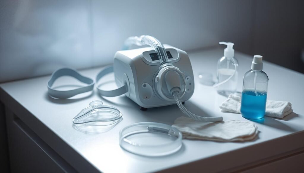 A well-lit, close-up shot of an iCareCPAP sleep apnea machine on a clean, white surface. The machine is disassembled, with the various components, such as the mask, tubing, and water chamber, arranged neatly around it. The lighting is soft and diffused, creating a serene, clinical atmosphere. The focus is on the cleaning process, with a bottle of cleaning solution and a soft cloth visible, suggesting the user is in the midst of maintaining their device. The image conveys the importance of proper cleaning and maintenance for optimal sleep apnea therapy.