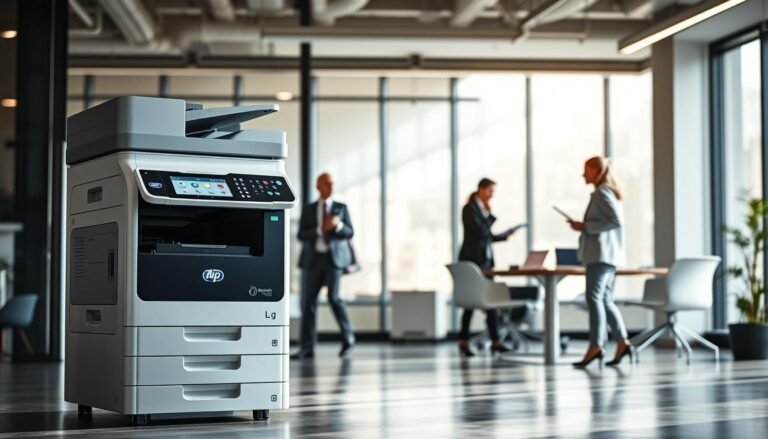 A modern office environment showcasing a sleek, high-tech photocopy machine designed for mobility and cloud integration. In the foreground, depict the photocopy machine with a streamlined, minimalist design, featuring an interactive touchscreen interface and connected mobile devices. In the middle ground, illustrate a professional office space with people dressed in business attire, engaged in collaborative work, utilizing the photocopy machine efficiently. The background should present a contemporary office layout with large windows letting in soft, natural light, creating a vibrant and energetic atmosphere. Capture the mood of innovation and productivity, using a wide-angle lens to highlight the flow of movement and interaction around the machine, emphasizing both mobility and efficiency in a hybrid work model.