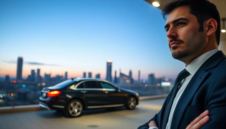 A professional bodyguard in smart business attire stands confidently in the foreground, showcasing vigilance and authority. In the middle ground, a luxury vehicle is parked near a high-profile venue, suggesting a protective escort service in action. The background features a city skyline at dusk, with soft ambient lighting and a clear, serene sky. The mood is one of heightened security and preparedness, highlighting the importance of safety measures. The scene is captured with a slightly elevated angle, emphasizing the bodyguard's watchful gaze while still allowing a glimpse of the bustling environment around him. Overall, the image conveys the essential role of bodyguard services in preventative safety frameworks.