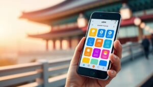 A sleek, modern visual representation of the OceanEsim functionalities, prominently featuring a vibrant smartphone displaying the OceanEsim app interface. In the foreground, a close-up of a hand holding the phone, showcasing its intuitive design and colorful icons related to eSIM features. The middle ground has a blurred background of a scenic Korean landscape, possibly with iconic landmarks like the N Seoul Tower or traditional architecture, hinting at travel. The lighting is bright and inviting, with a soft focus effect that adds warmth to the scene. The mood is dynamic and engaging, emphasizing convenience and technology in travel settings, creating an atmosphere of exploration and connectivity.