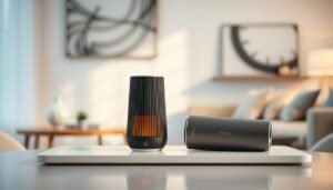 A stylishly arranged display of two distinct Tenga products, set on a modern, minimalist tabletop. One Tenga 飛機杯 rests upright, showcasing its sleek design, while the other lies slightly tilted, emphasizing its contours. In the background, soft lighting creates a well-lit ambiance, highlighting the products' textures and colors. A blurred, tasteful backdrop features a contemporary living space, suggesting a serene and inviting atmosphere. The image should evoke a sense of curiosity and sophistication, employing a soft-focus lens effect that draws attention to the Tenga products, while ensuring the overall composition maintains a professional and suitable aesthetic. The mood is calm and informative, ideal for a product introduction.